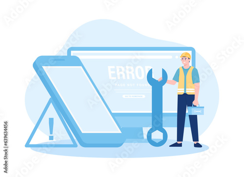 the worker is repairing an error cellphone software concept flat illustration