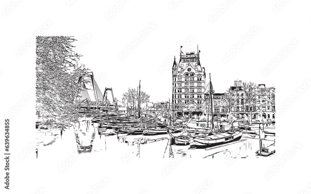 Building view with landmark of  Rotterdam is the city in the Netherlands. Hand drawn sketch illustration in vector.