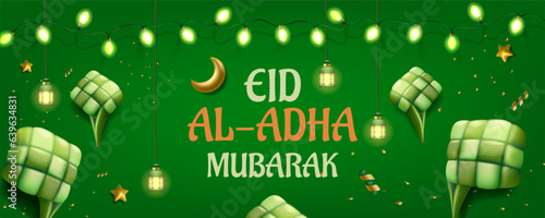 3D ketupat. Ramadan green background. Lebaran holiday. Ramadhan decoration. Aidilfitri celebration. Light garland. Indonesia festival. Traditional food. Vector festive banner design