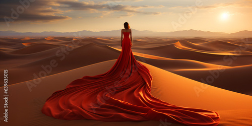 beautiful woman in a long red dress stands in the middle of a desert landscape with high sand dunes