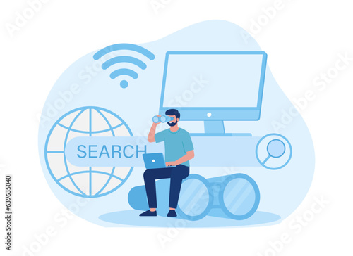 man is looking for resources on the internet concept flat illustration