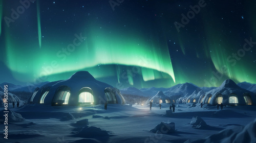 an igloo village at polar night, aurora borealis dancing in the sky, subtle glow from igloos, high contrast, magical atmosphere