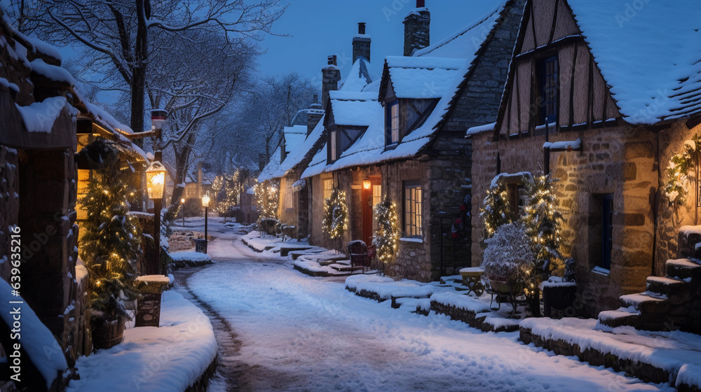 A quaint village dusted with snow, old stone houses, Christmas lights twinkling in the twilight