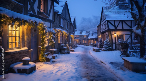A quaint village dusted with snow, old stone houses, Christmas lights twinkling in the twilight