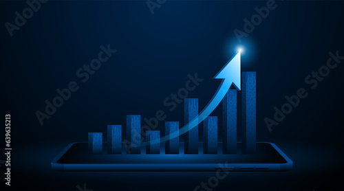 Stock market chart with rising candlesticks on tablet. Business growth concept or profitable investment. The arrow points to the future growth of the company.
