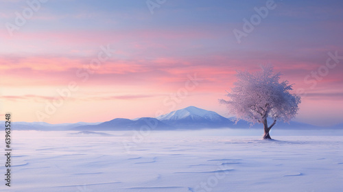 Fotografia A serene, snowy landscape at sunrise, untouched powder gleaming in the dawn ligh