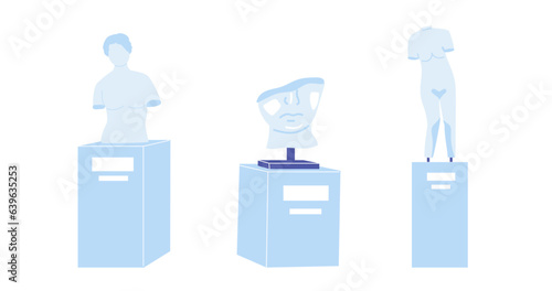 People in gallery. Ancient sculptures. Greek art exhibition. Female face or naked body. Masterpiece show. Museum excursion. Classical monuments installation. Vector marble statues set