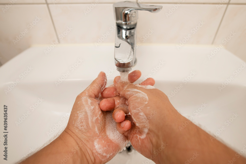 Washing hands after shops and streets. Save your health. Stock Photo