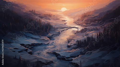 Digital painting  high altitude aerial view of snowy forest  meandering frozen river  sunset casting a warm glow  birds eye view