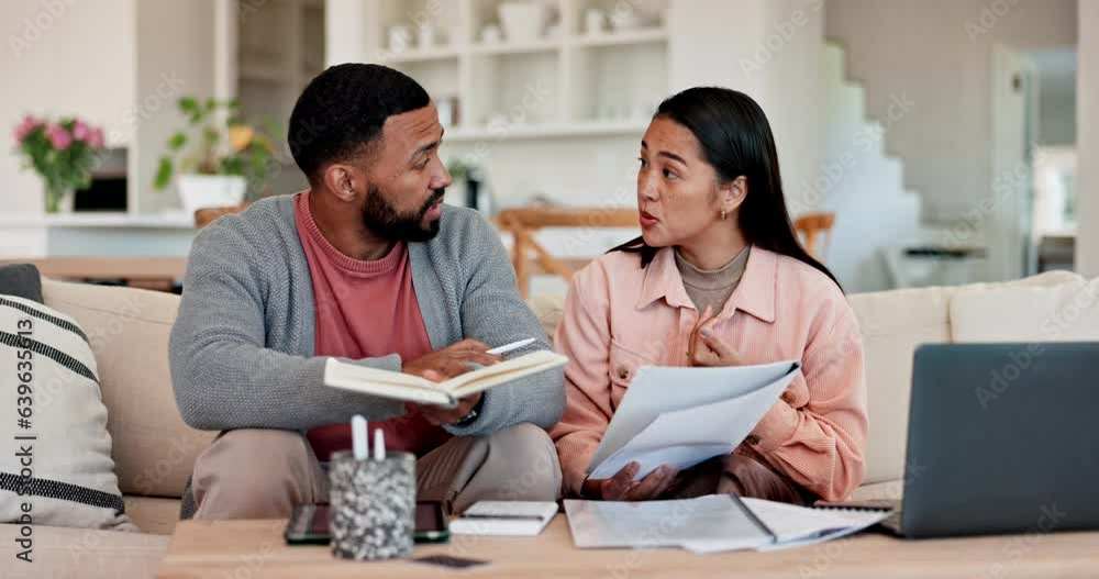 Frustrated couple, documents and fight in financial crisis, debt or mistake on living room sofa at home. Man and woman with finance paperwork in argument, dispute or disagreement on expenses or bills Frustrated couple, documents and fight in financial crisis, debt or mistake on living room sofa at home. Man and woman with finance paperwork in argument, dispute or disagreement on expenses or bills