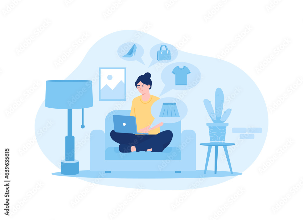 woman is going online shopping using a laptop concept flat illustration
