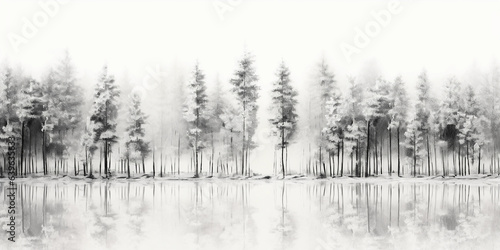 Minimalist Scandinavian art, a serene winter forest, soft snow, tall slender pine trees, monochromatic tones of grey and white, contemporary style