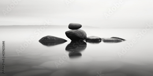 Minimalistic, black and white, abstract art piece representing the tranquility of meditation, a Zen vibe