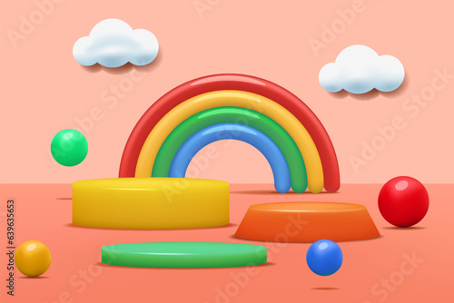 3D toy podiums. Cute rainbow. Cylinder pedestal. Orange background. Children product stand. Pastel room with exhibition platform. Clouds and balls. Vector kids render studio design