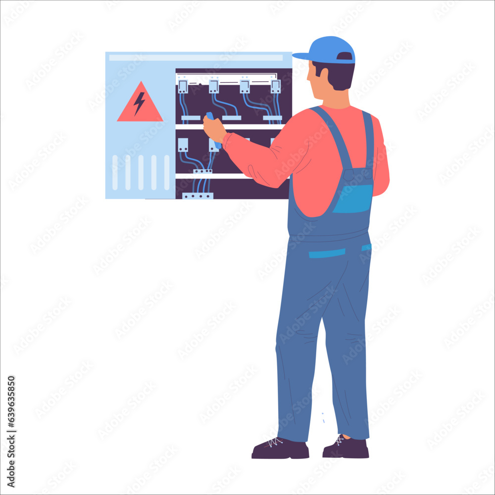 Home repair. Cartoon service worker making renovation. Technician fixing maintenance in electrical panel. Electrician in uniform working with wires. Vector professional builders job Home repair. Cartoon service worker making renovation. Technician fixing maintenance in electrical panel. Electrician in uniform working with wires. Vector professional builders job