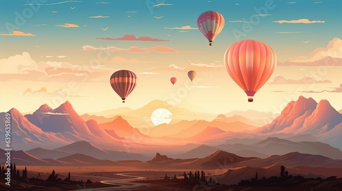 Hot air balloons flying over mountains illustration AI Generated