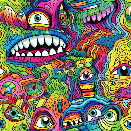 Psychedelic trippy optical illusion fantasy doodles repeat pattern art © Roman