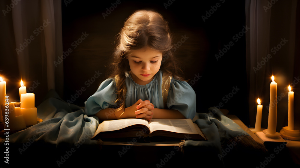 Little girl reading bible book. Worship at home. Little girl reading bible book. Worship at home.