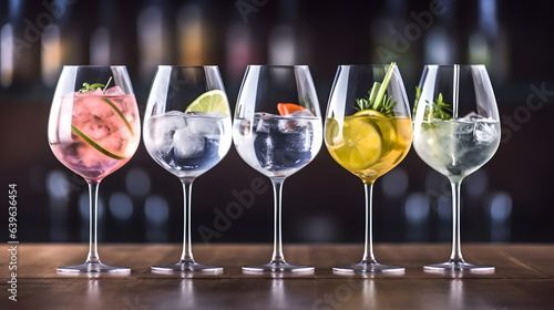 Colorful gin tonic cocktails in wine glasses on bar counter in pup or restaurant.