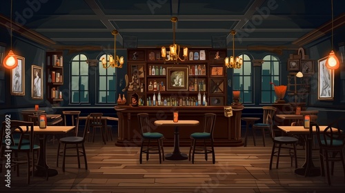 Pub interior with furniture at night illustration AI Generated