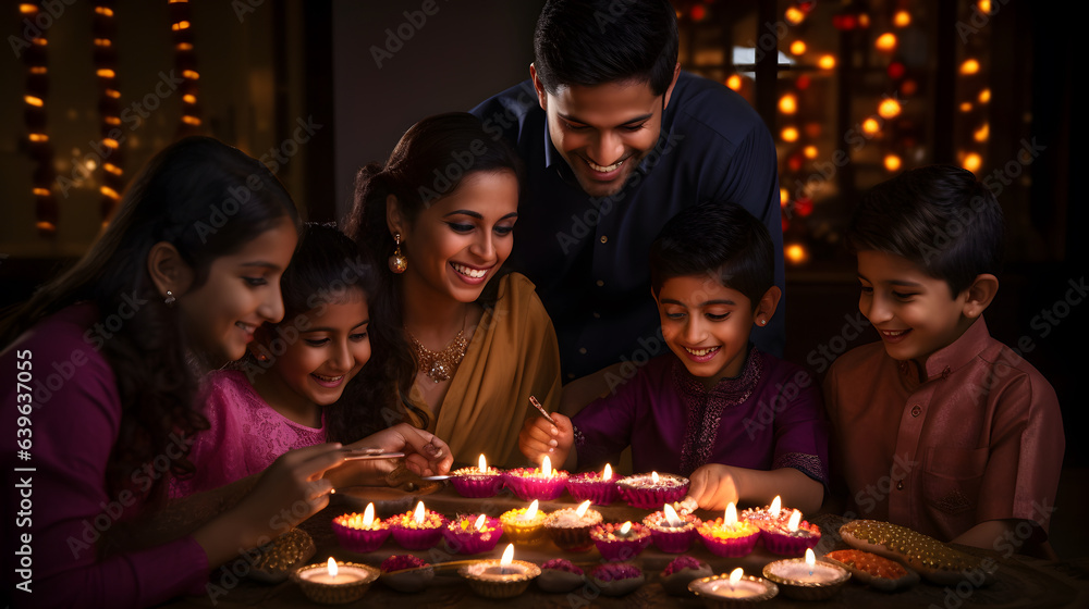 Indian family lighting oil lamps and celebrating Diwali, fesitval of lights at home