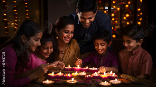 Indian family lighting oil lamps and celebrating Diwali  fesitval of lights at home