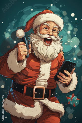 A cartoon santa claus holding a cell phone. Digital image.