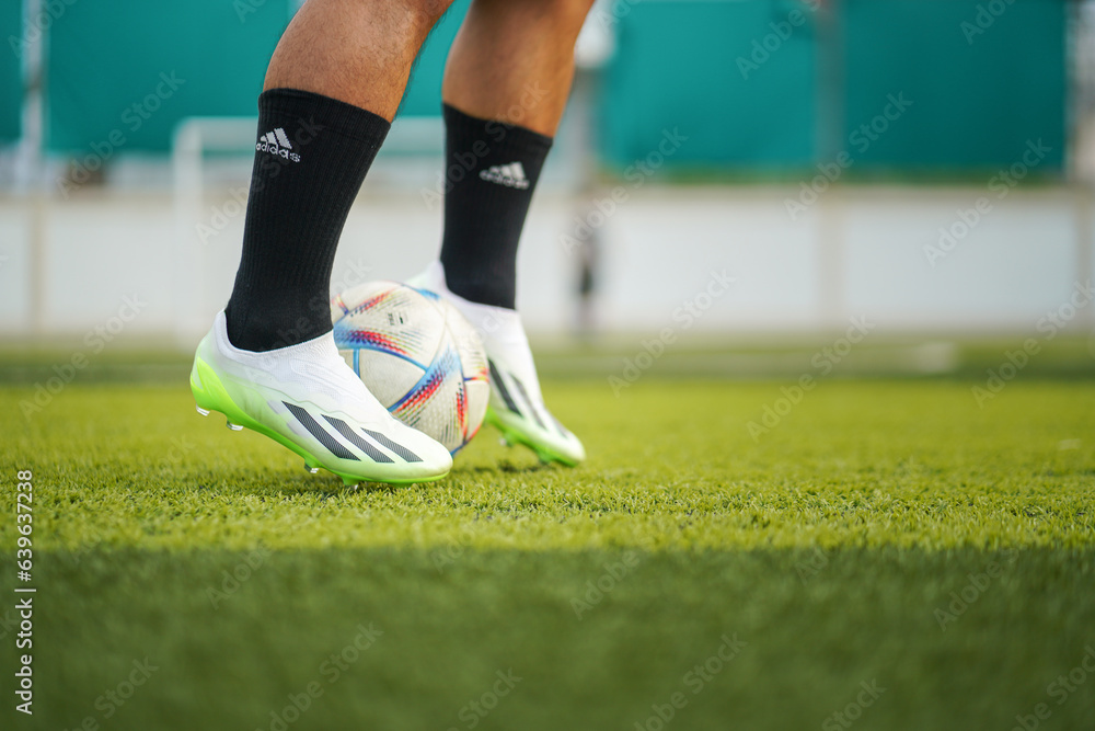 Thailand 26 August 2023 A football player is wears Adidas "X