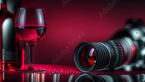 View of camera and wine glass, blurred background