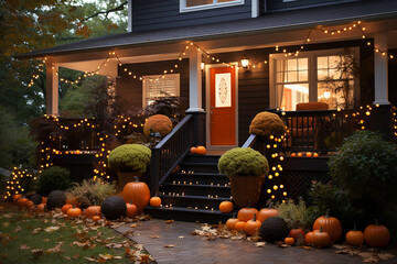 The porch of the house with steps decorated to halloween. Generative AI