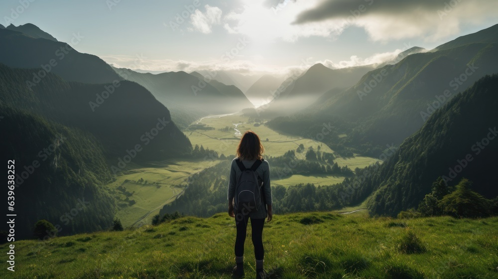 Young lady on mountain top with green grass looking at wonderful mountain valley in haze at nightfall in summer Scene with energetic youthful lady foggy slopes woodland sky Travel and tourism Climbing