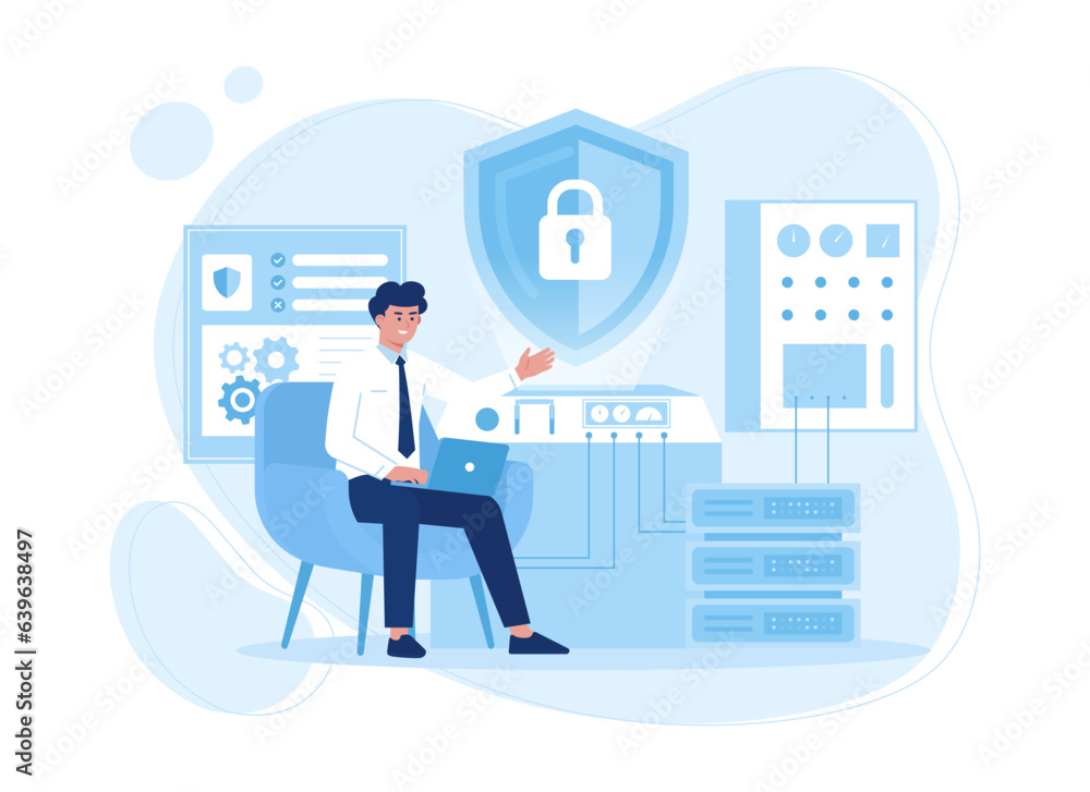 man is securing an important safe concept flat illustration man is securing an important safe concept flat illustration