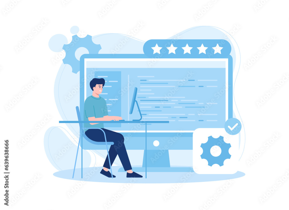 man is working at the computer concept flat illustration man is working at the computer concept flat illustration