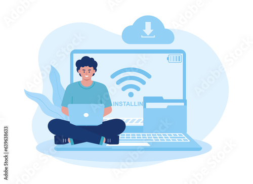 man is downloading files and installing software on laptop concept flat illustration