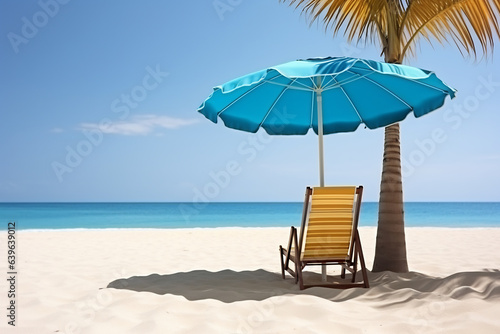 Beach chairs umbrellas and coconut trees