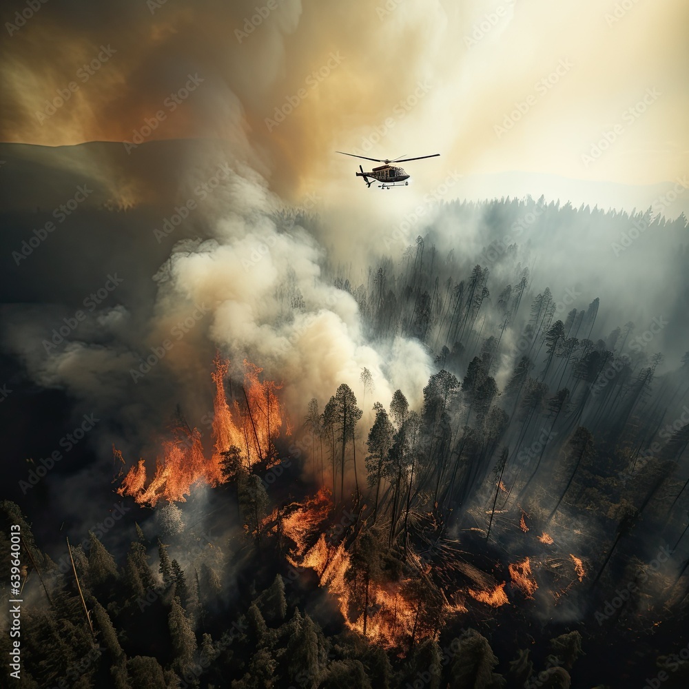 Raging forest fires. A firefighter helicopter puts out a fire. Ecological catastrophy. Fire and smoke. Hell on earth Raging forest fires. A firefighter helicopter puts out a fire. Ecological catastrophy. Fire and smoke. Hell on earth