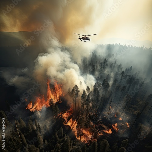 Raging forest fires. A firefighter helicopter puts out a fire. Ecological catastrophy. Fire and smoke. Hell on earth