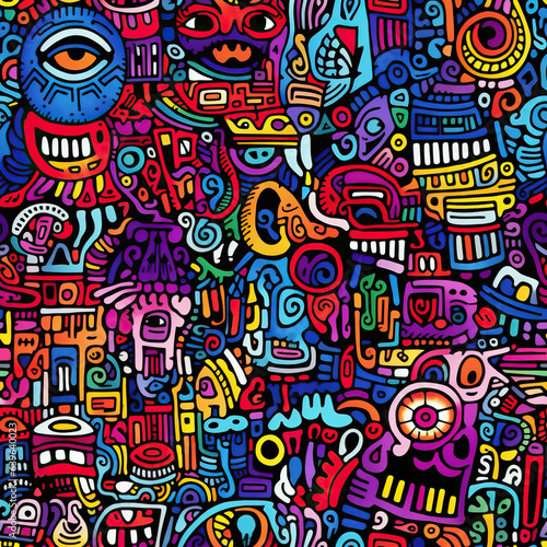 Psychedelic doodles fantasy graffiti vibrant repeat pattern © Roman