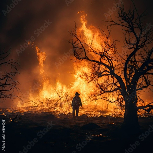 Silhouette of a fireman on the background of raging forest fires. Ecological catastrophy. Fire and smoke. Hell on earth