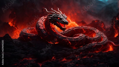 A giant Orochi serpent, its body writhing and twisting in the air. Japanese mythology. Japanese dragon/serpent.