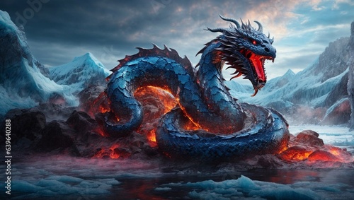 A giant Orochi serpent, its body writhing and twisting in the air. Japanese mythology. Japanese dragon/serpent.