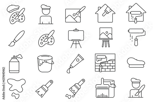Painting set icon. Contains icons paint brush, canvas, painter, paint tubes, etc. Line icon style. Simple vector design editable