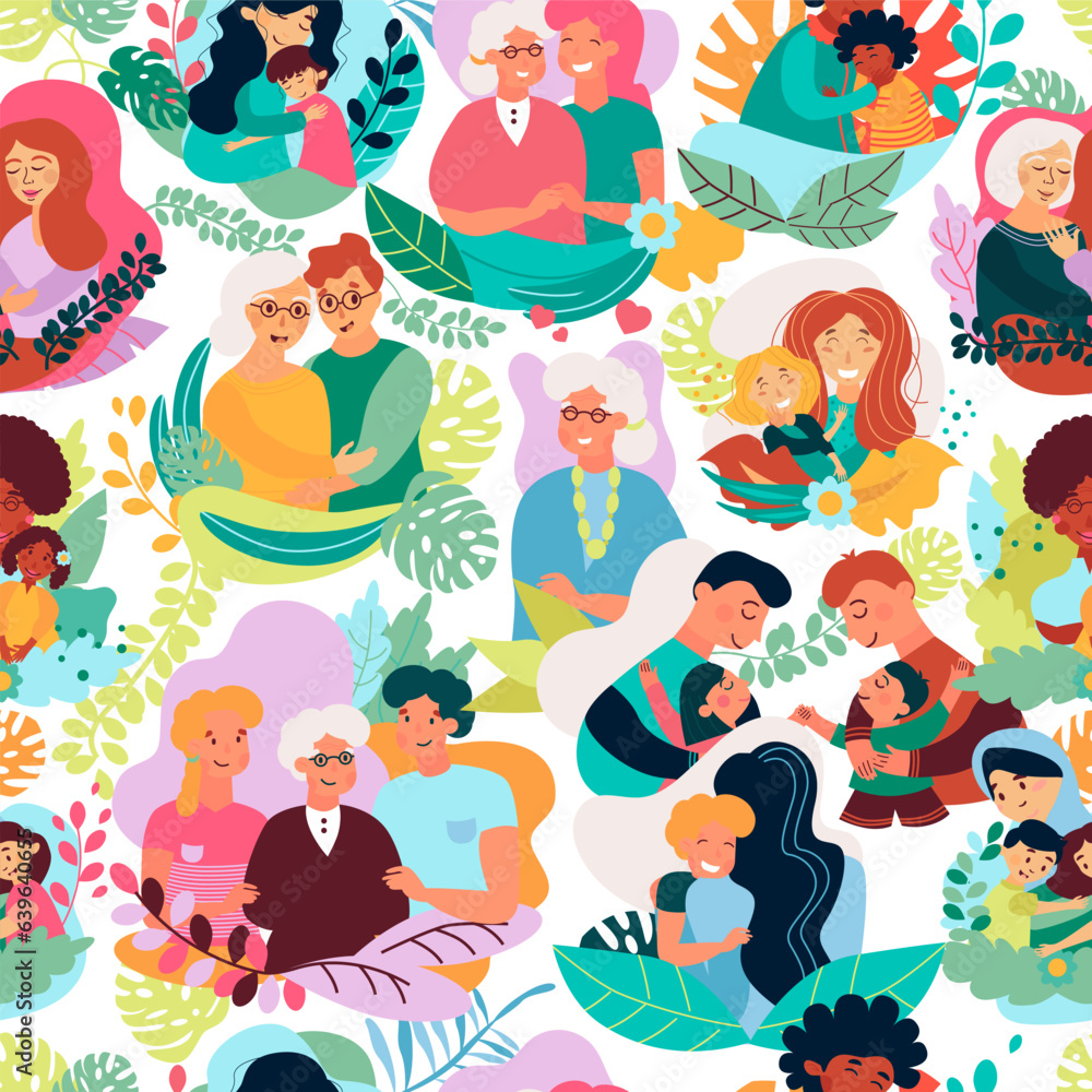 Vector Seamless Pattern with illustrations of happy family