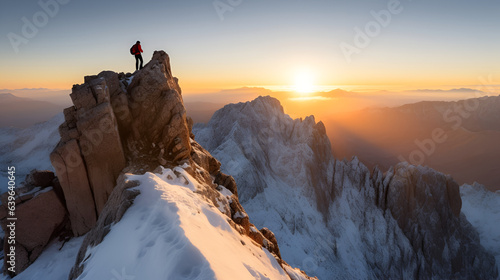 Tourist walks on mountain near abyss edge on high altitude under cloudy sky. Man on high rock near precipice edge. © Natart