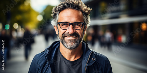 Reliable Middle-Aged Guy in Blue Shirt and Glasses  Smiling