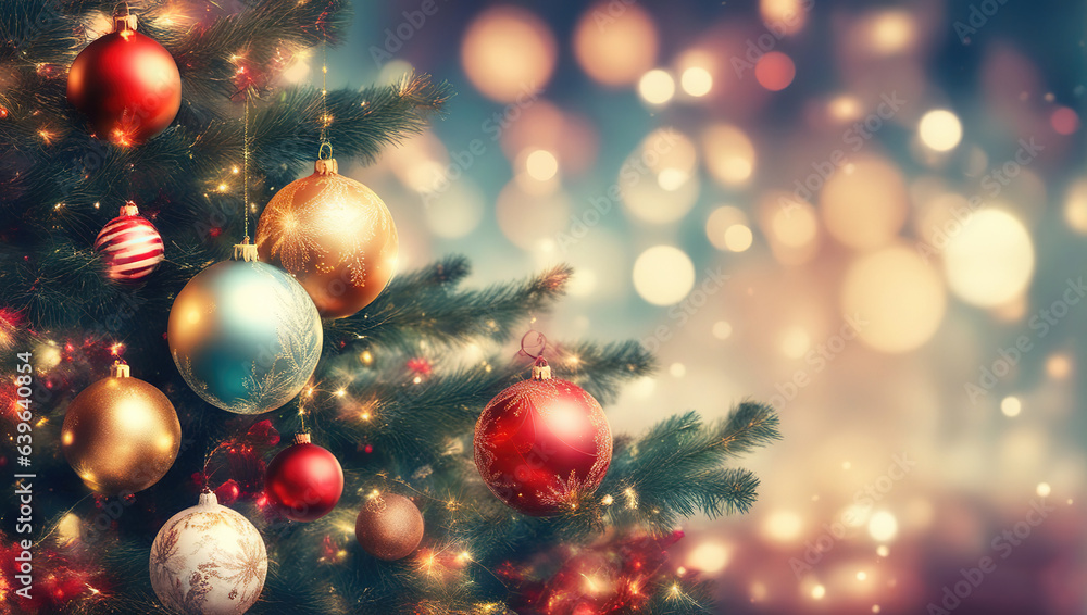 Christmas background with shiny balls, Christmas tree and blurred lights. Christmas background with shiny balls, Christmas tree and blurred lights.