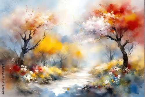 Watercolor landscape, multicolored forest, trees with colorful leaves, artistic vision of autumn splash art. Generative Ai.
