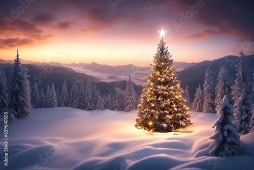 Christmas tree with beautiful lights among trees covered with snow, Christmas winter magic background. © Cobalt