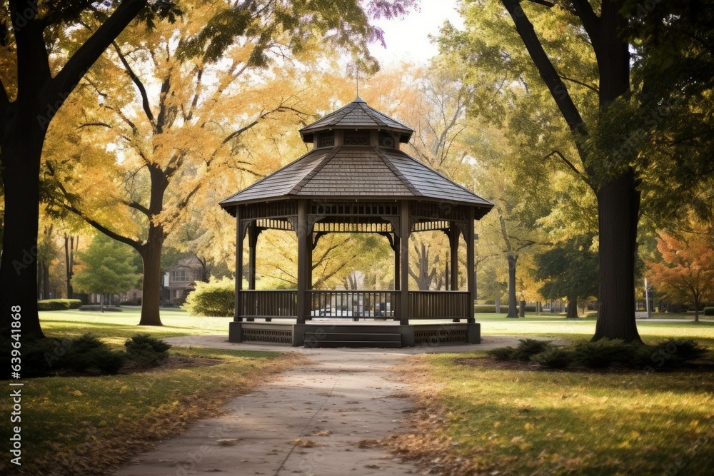 Illustration of a Beautiful Gazebo in a Serene and Peaceful Park in Autumn. Generative AI. Illustration of a Beautiful Gazebo in a Serene and Peaceful Park in Autumn. Generative AI.