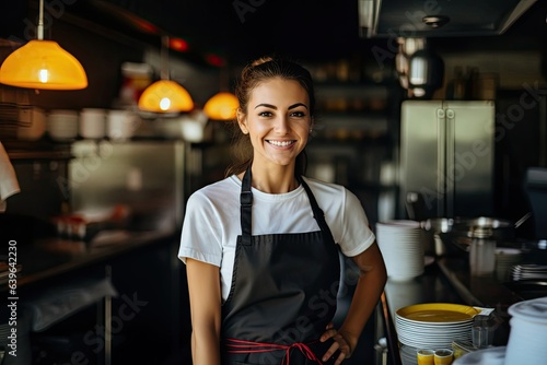 Caucasian Woman Food Preparation Worker Backdrop Smiling Generative AI